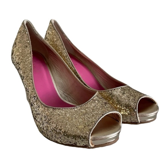Lilly Pulitzer Shoes - Lilly Pulitzer Metallic Gold Sparkle Glitter Peep Toe Wedge Heels Shoes Size 7.5